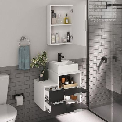 Conjunto Gabinete Banheiro Nivus 60 (gabinete+espelheira+cuba) Branco Preto