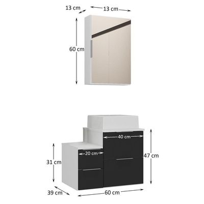Conjunto Gabinete Banheiro Nivus 60 (gabinete+espelheira+cuba) Branco Preto