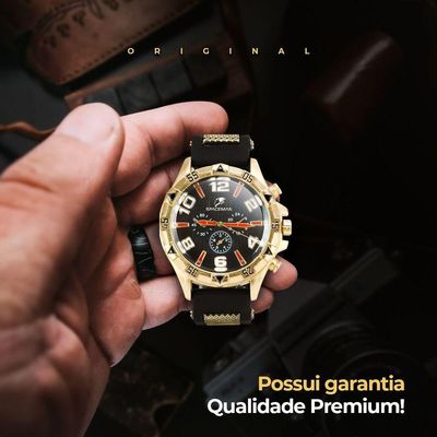Relogio Masculino Banhado Ouro Aço + Crucifixo + Pulseira Prova Dagua Pallyjane Mostrador Preto