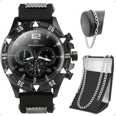 Relogio Masculino Preto Cordão Prata Grumet Pulseira