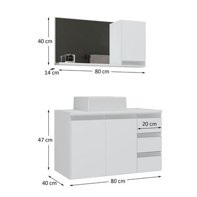 Conjunto Gabinete Banheiro Prisma 80cm Gabinete + Cuba + Espelheira Com Vidro Branco Inteiro