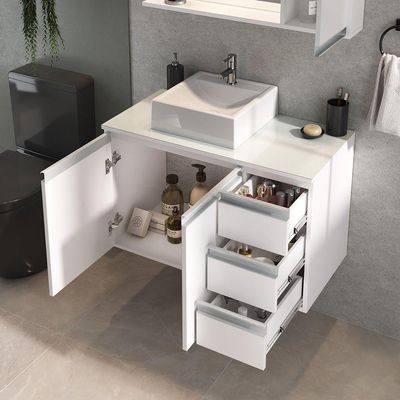 Conjunto Gabinete Banheiro Prisma 80cm Gabinete + Cuba + Espelheira Com Vidro Branco Inteiro