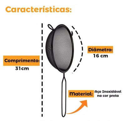Peneira De Cozinha Fina Coador Inox Black 16 Cm - Mimo