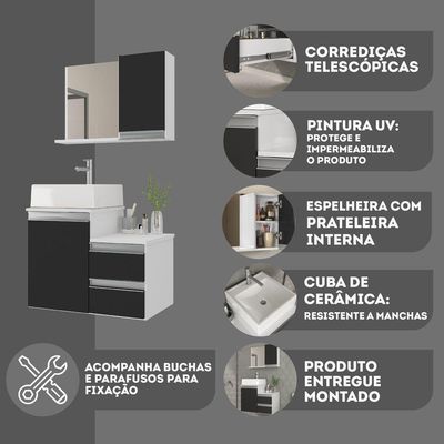Conjunto Gabinete Banheiro Cross 60 (gabinete+espelheira+cuba) Branco Preto