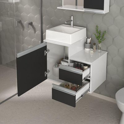Conjunto Gabinete Banheiro Cross 60 (gabinete+espelheira+cuba) Branco Preto