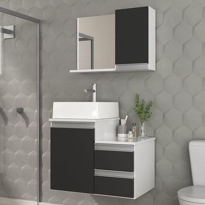 Conjunto Gabinete Banheiro Cross 60 (gabinete+espelheira+cuba) Branco Preto