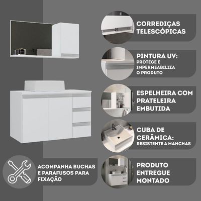 Conjunto Gabinete Banheiro Prisma 80cm Gabinete + Cuba + Espelheira Branco Inteiro