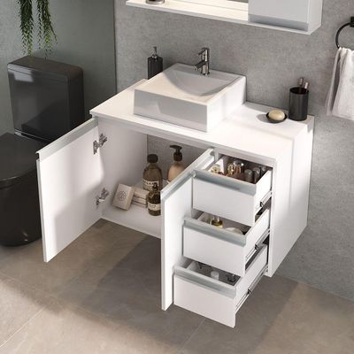 Conjunto Gabinete Banheiro Prisma 80cm Gabinete + Cuba + Espelheira Branco Inteiro