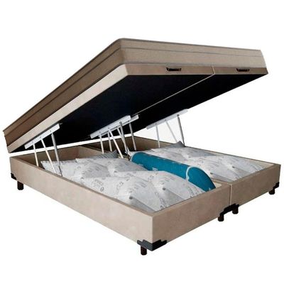 Cama Box Baú Casal Bipartido Suede + Colchão De Molas Ensacadas Portobel Ipanema 138x188x66cm Bege