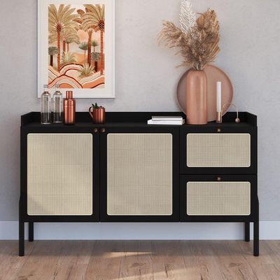 Aparador Buffet Para Sala de Jantar 139cm Pés Madeira Moss A03 Nero Preto - Lyam Decor