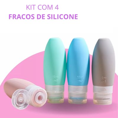 Kit Viagem 4 Frascos Silicone Porta Creme Shampoo Condicionador 90ml