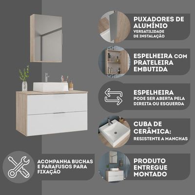 Conjunto Gabinete Banheiro Rubi 80cm - Gabinete + Cuba + Espelheira Madeirado Branco