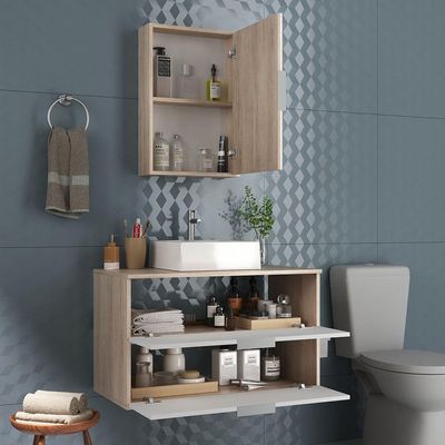 Conjunto Gabinete Banheiro Rubi 80cm - Gabinete + Cuba + Espelheira Madeirado Branco