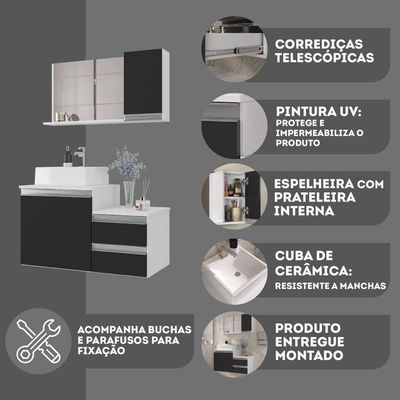 Conjunto Gabinete Banheiro Cross 80 (gabinete+espelheira+cuba) Branco Preto