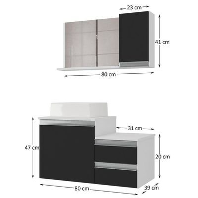 Conjunto Gabinete Banheiro Cross 80 (gabinete+espelheira+cuba) Branco Preto
