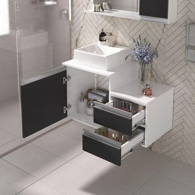 Conjunto Gabinete Banheiro Cross 80 (gabinete+espelheira+cuba) Branco Preto