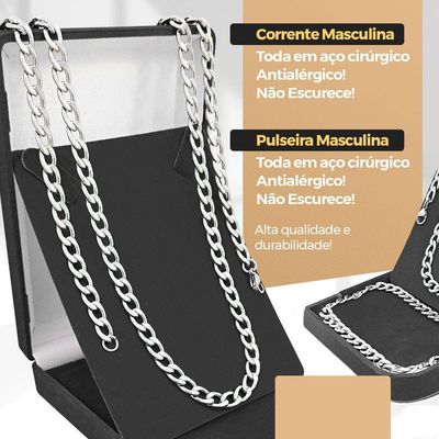 Relogio Masculino Aço Inox + Pulseira + Cordão Prata Grumet Presente Qualidade Premium Ajustavel
