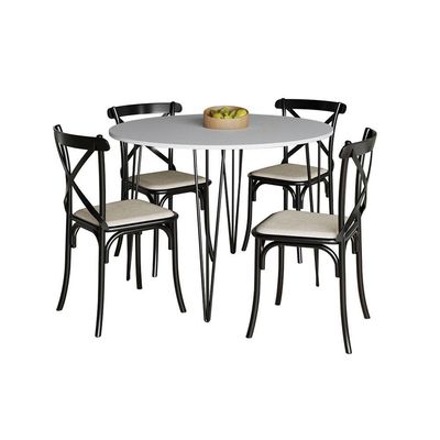 Mesa Com 4 Cadeiras Katrina Preta Elen Hairpin 110cm Jantar Branca Com Ferro Preto