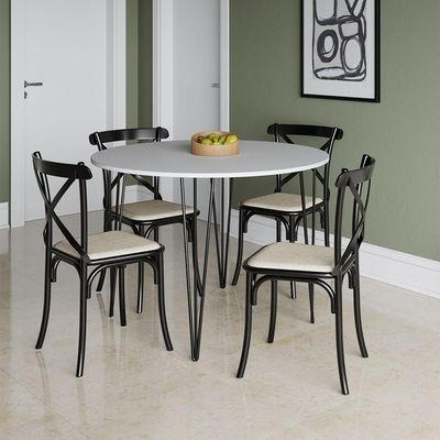 Mesa Com 4 Cadeiras Katrina Preta Elen Hairpin 110cm Jantar Branca Com Ferro Preto