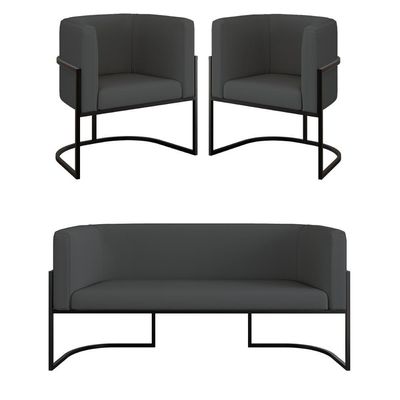 Kit Sofá 2 Lugares + 2 Poltronas Corino Preto Cinza