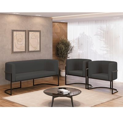 Kit Sofá 2 Lugares + 2 Poltronas Corino Preto Cinza