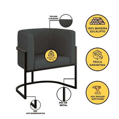 Kit Sofá 2 Lugares + 2 Poltronas Corino Preto Cinza
