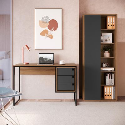 Conjunto para Escritório Office com Escrivaninha 3 GV e Estante Livreiro 1 PT Grafite e Mel