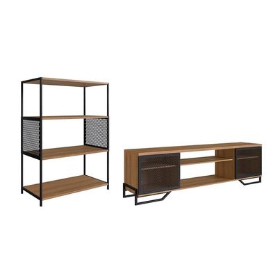 Conjunto para Sala de Estar Paricel com Rack 2 PT e Estante 77cm Preto e Mel