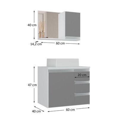 Conjunto Gabinete Banheiro Prisma 60cm Gabinete + Cuba + Espelheira Com Vidro Branco Cinza