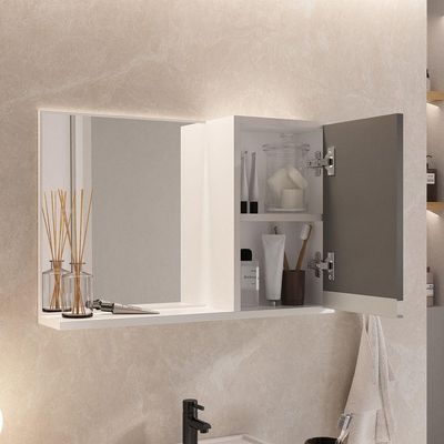 Conjunto Gabinete Banheiro Prisma 60cm Gabinete + Cuba + Espelheira Com Vidro Branco Cinza