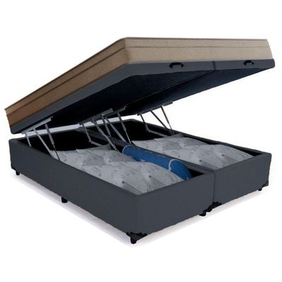 Cama Box Baú Casal Bipartido Sintético + Colchão De Molas Ensacadas Portobel Ipanema 138x188x66cm Cinza