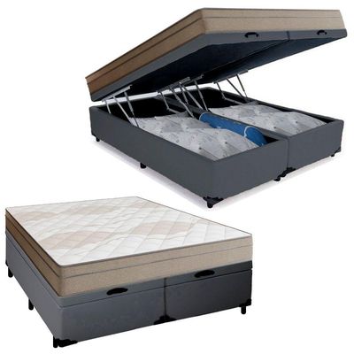 Cama Box Baú Casal Bipartido Sintético + Colchão De Molas Ensacadas Portobel Ipanema 138x188x66cm Cinza