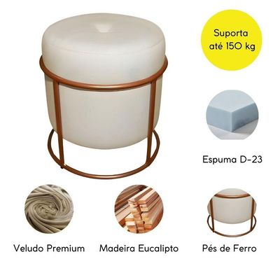 Puff Decorativo Redondo Para Sala Argola Pérola Bege Base Pés bronze tecido veludo
