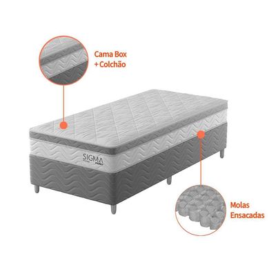 Cama Box com Colchão Solteiro Sigma Molas Ensacadas (22x88x188) Branco e Cinza