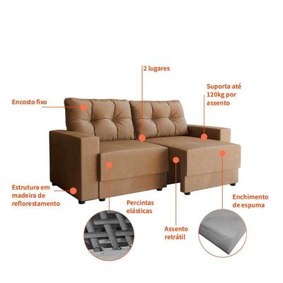 Sofá 2 Lugares Retrátil Lubeck Suede Bege 140 cm