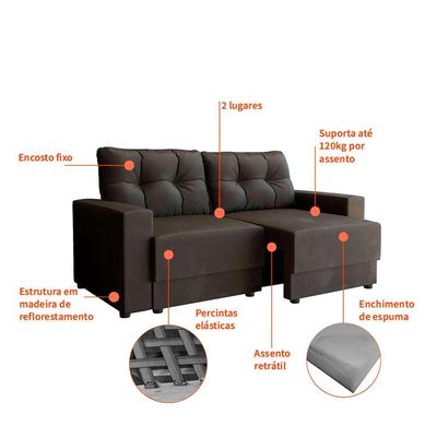 Sofá 2 Lugares Retrátil Lubeck Suede Grafite 140 cm