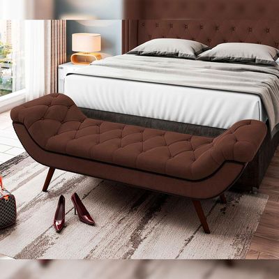 Kit Cabeceira Cama Box Casal 160 cm Madrid com Puff Recamier Santorini Veludo Marrom - Lyam Decor