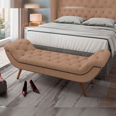 Kit Cabeceira Cama Box Casal 160 cm Madrid com Puff Recamier Santorini Bouclê Bege - Lyam Decor