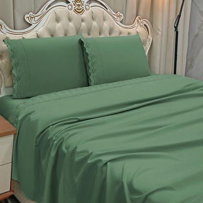 Jogo Cama Lençol Loren King Bordado Inglês Micro Percal 300 Fios 4 Peças - Verde Esmeralda