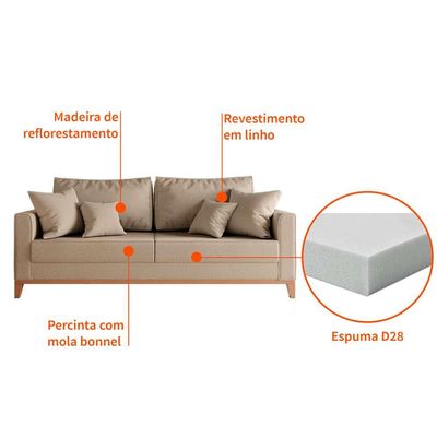 Sofá 3 Lugares Beny Base de Madeira Linho Cotton Bege