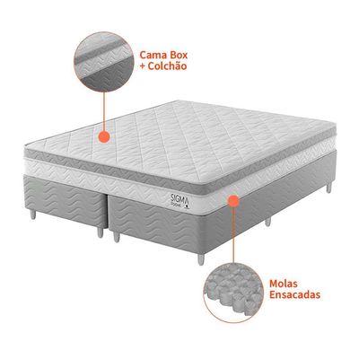 Cama Box com Colchão Queen Sigma Molas Ensacadas (22x158x198) Branco e Cinza