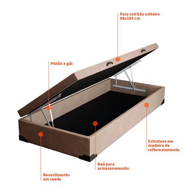 Base para Cama Box Solteiro Martin Premium com Baú Suede (45x88x188) Bege