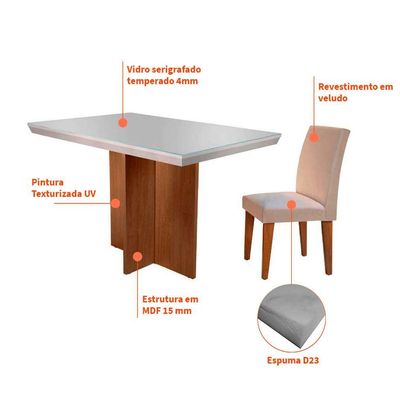 Conjunto de Mesa de Jantar Berlim II com Tampo de Vidro Off White e 4 Cadeiras Grécia Veludo Creme