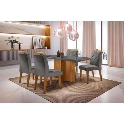 Conjunto de Mesa de Jantar Retangular com Tampo de Vidro Ane e 4 Cadeiras Bélgica Veludo Grafite e Imbuia