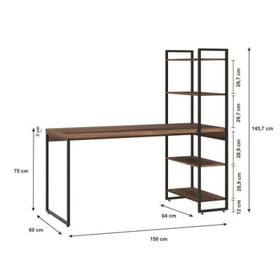 Escrivaninha com Estante Studio Nogal e Preta 146 cm