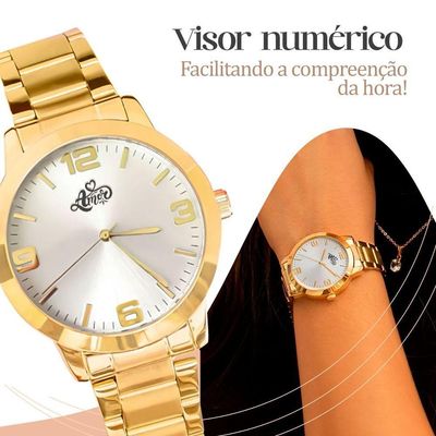 Pulseira Colar Caixa Relogio Feminino Aço Dourado