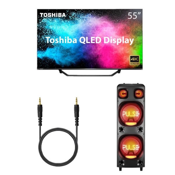 Combo Sound - Tela Toshiba Qled 55 Pol 4k, Caixa de Som Torre Double 2200W e Cabo P2 de 1,2mt Preto - SP500K SP500K