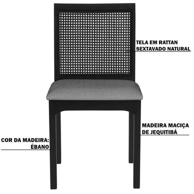 Kit 02 Cadeiras Sala de Jantar Madeira Maciça Steve Tela Rattan Sextavano Linho Cinza/Ébano G55 - Gran Belo