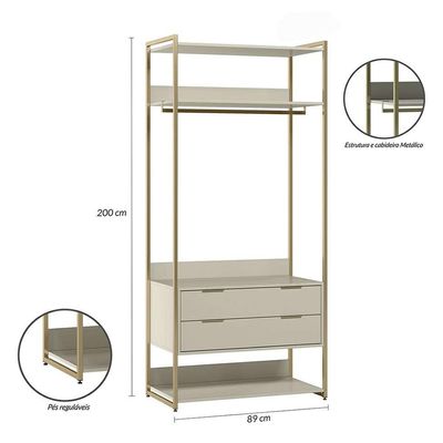 Guarda-Roupa Closet Industrial Mital com Cabideiro 2 GV Off White e Dourado