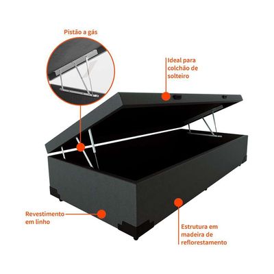 Base para Cama Box Solteiro Guldi com Baú Linho (47x88x188 cm) Cinza
